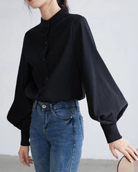 Lantern Sleeve Stand Collar Shirt