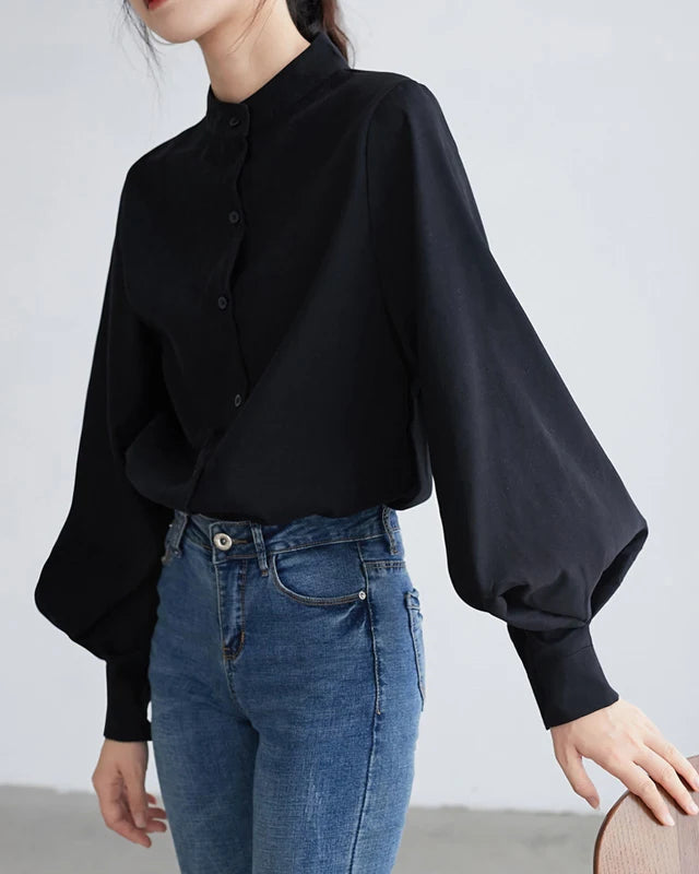 Lantern Sleeve Stand Collar Shirt