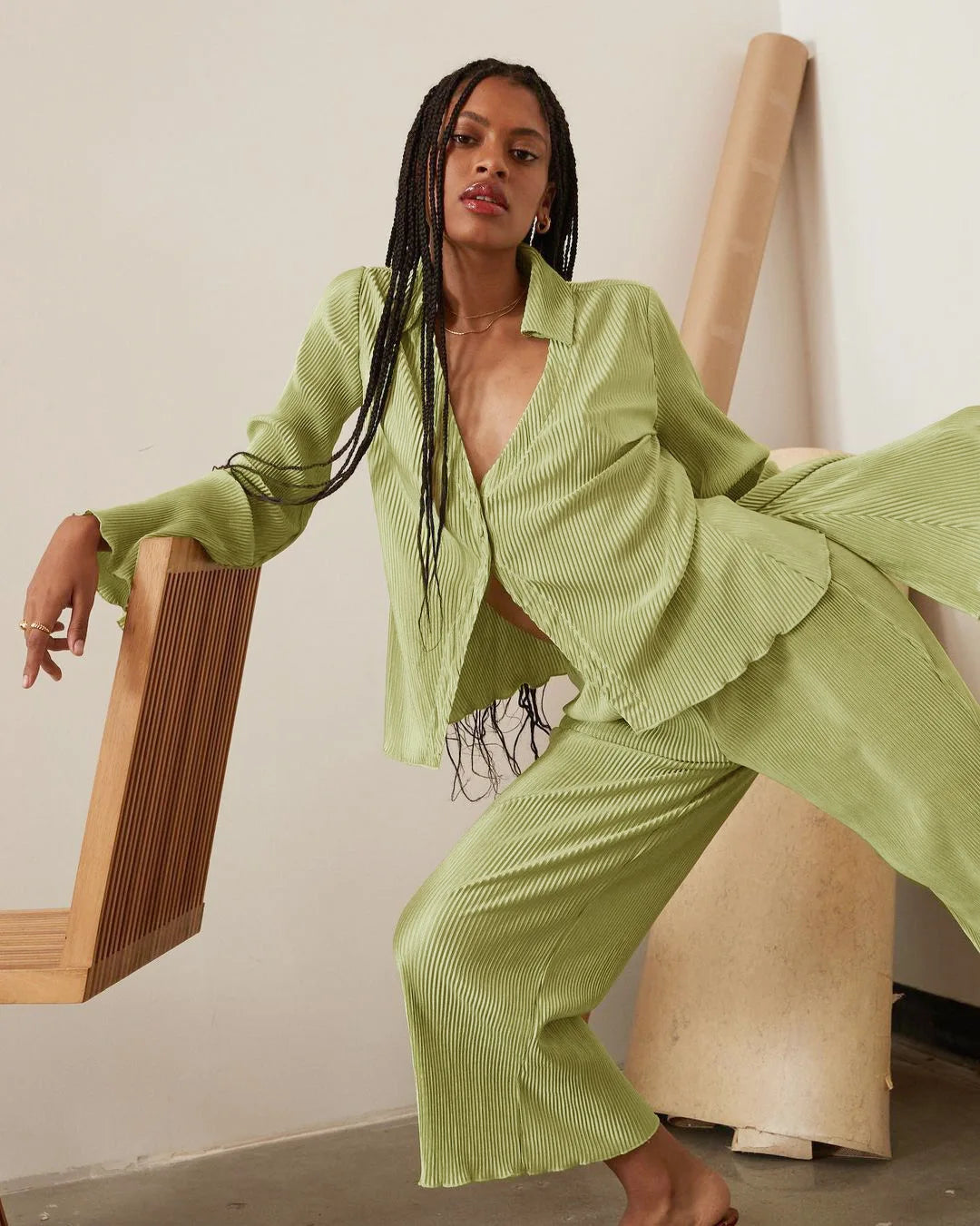 Pleated Long Sleeve Shirt And Pants Set