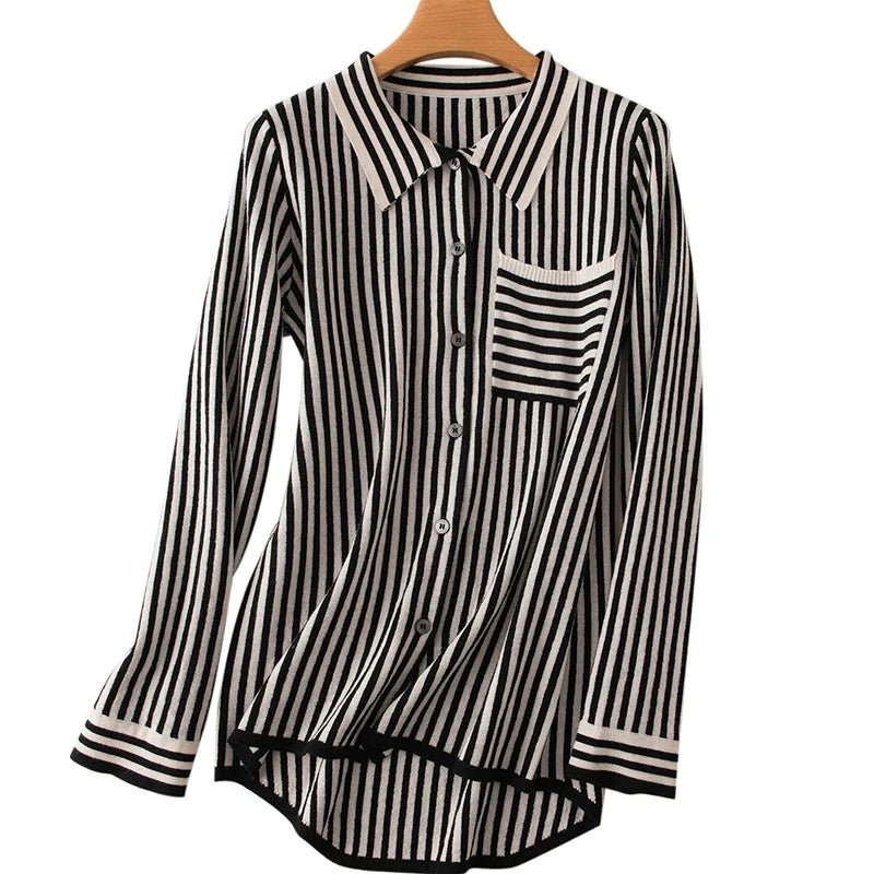 Striped Turn-down Collar Wool Knitted Shirt