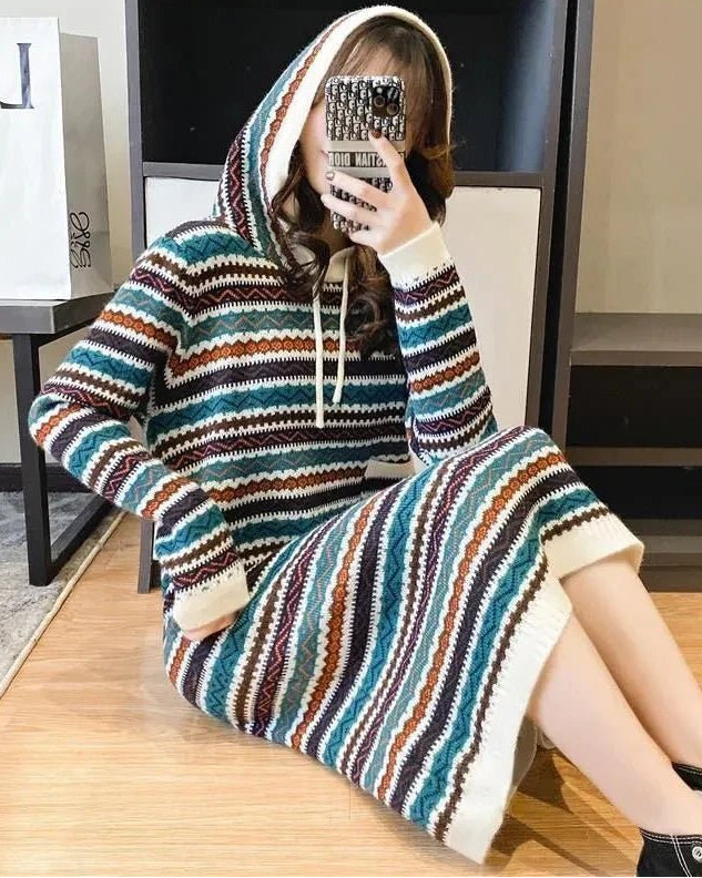 Oversized Striped Knitted Hooded Dress