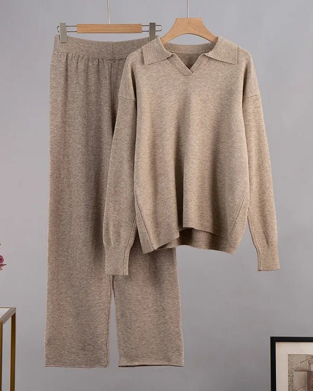 Casual Polo Neck Sweater & Wide Leg Sweatpants Set
