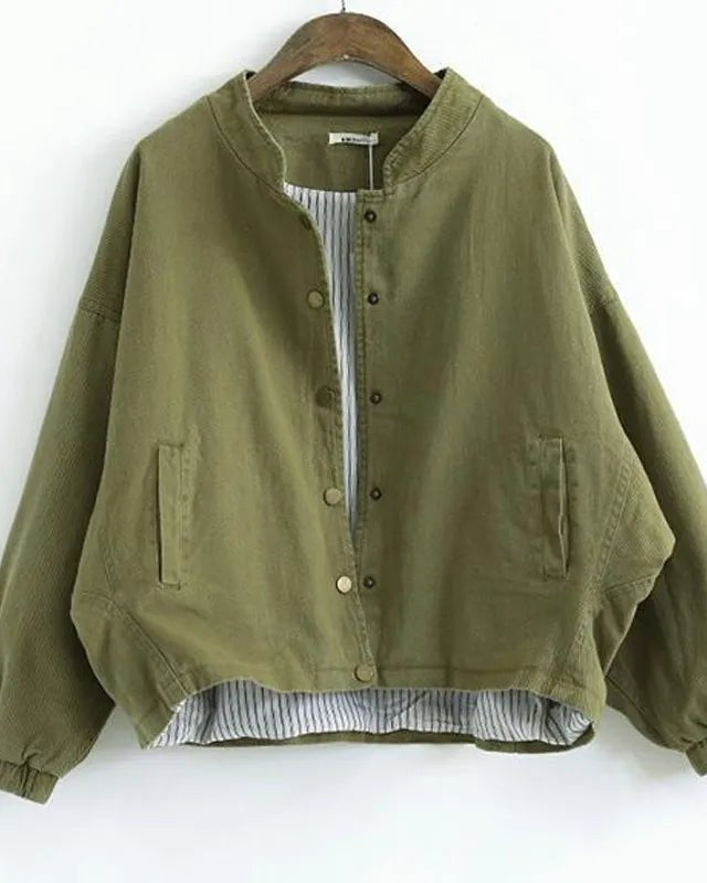 Cotton Baseball jacket with a relaxed fit, single-breasted button closure, and two front patch pockets. This solid color, unlined jacket features a collarless design and full-length sleeves, perfect for creating a casual, layered look.