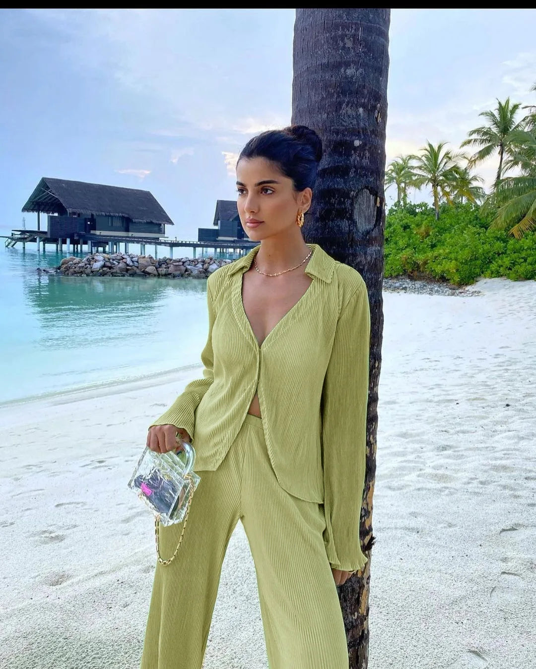 Pleated Long Sleeve Shirt And Pants Set