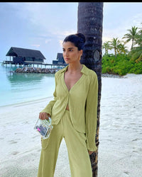 Pleated Long Sleeve Shirt And Pants Set