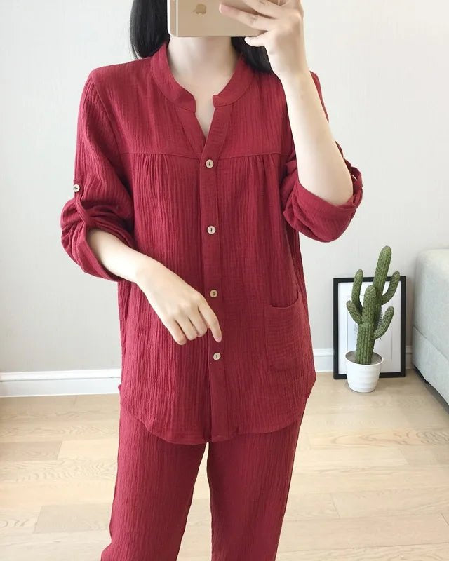 Long Sleeve Shirt & Trouser Cotton Pajamas Suit