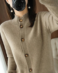 100% pure wool half-high collar solid slim knit cardigan. Warm, medium stretch, and regular fit — an elegant Office Lady autumn winter knitwear for women.