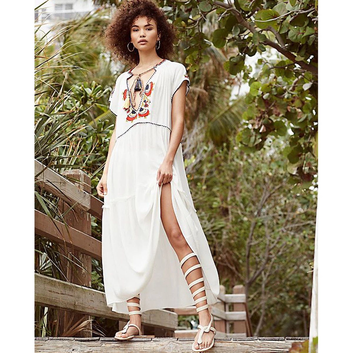 Embroidery V-Neck Tassel Bohemian Maxi Dress