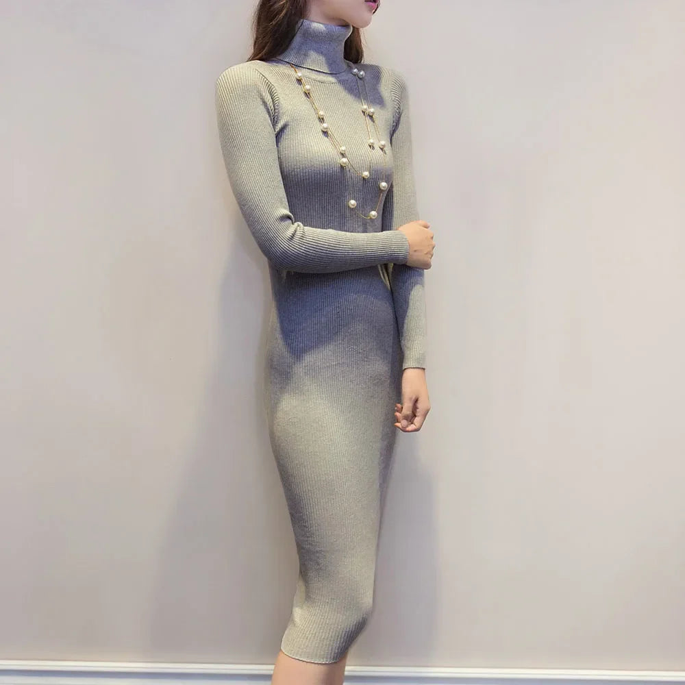 Turtleneck Long Sleeve Bodycon Midi Dress