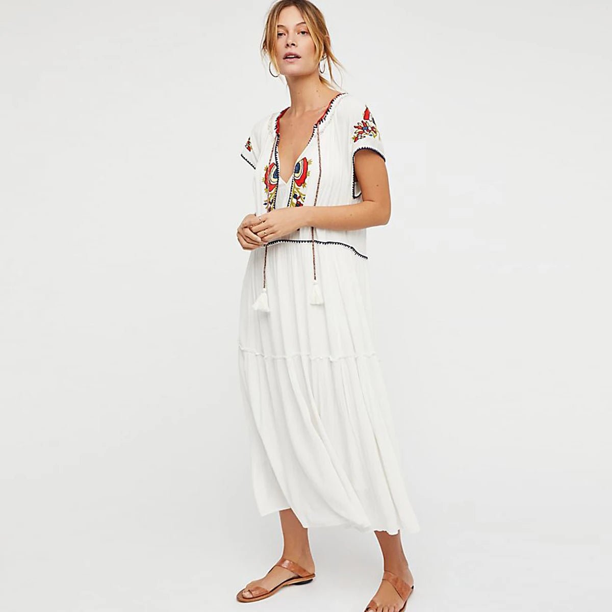 Embroidery V-Neck Tassel Bohemian Maxi Dress