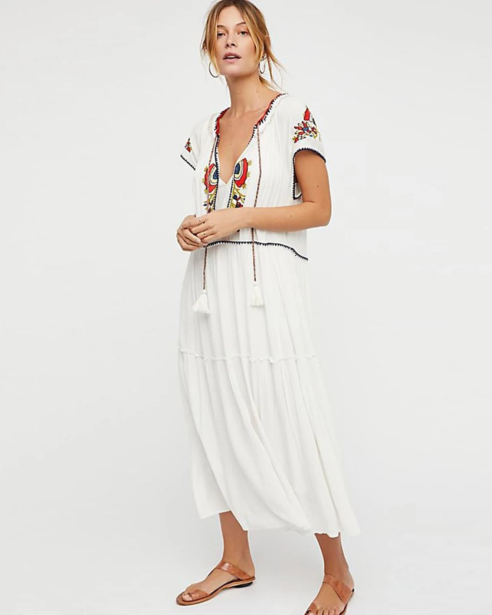 Embroidery V-Neck Tassel Bohemian Maxi Dress