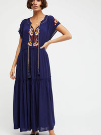 Embroidery V-Neck Tassel Bohemian Maxi Dress