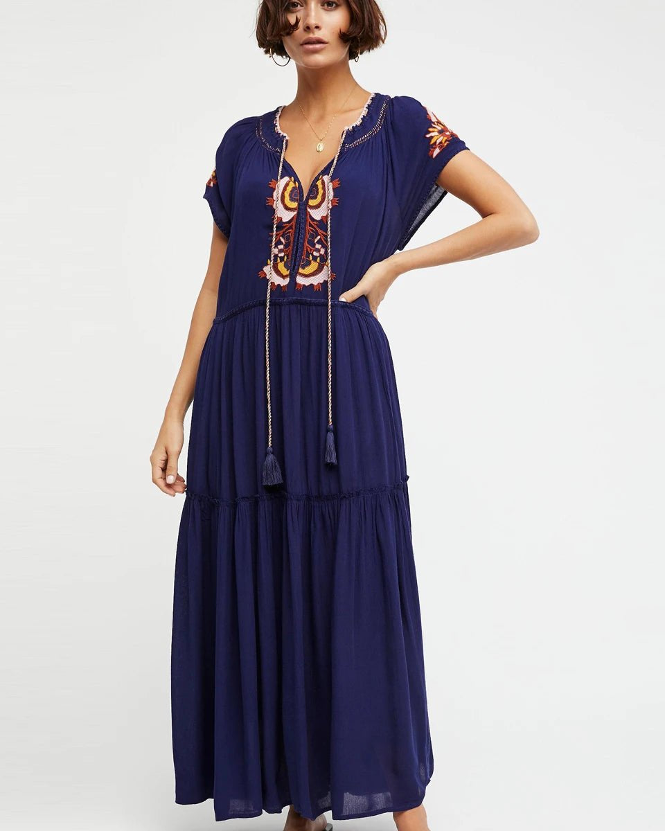 Embroidery V-Neck Tassel Bohemian Maxi Dress