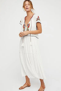 Embroidery V-Neck Tassel Bohemian Maxi Dress
