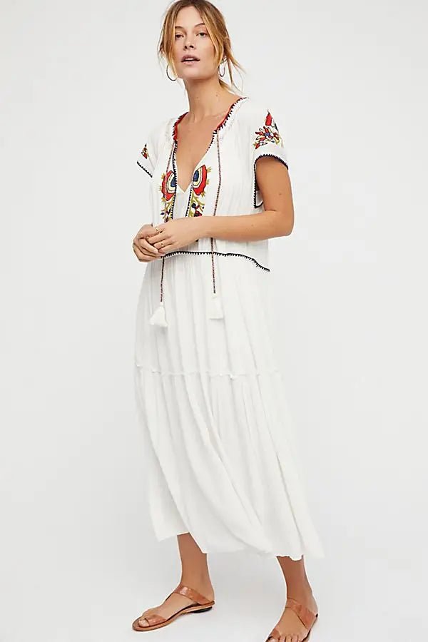 Embroidery V-Neck Tassel Bohemian Maxi Dress