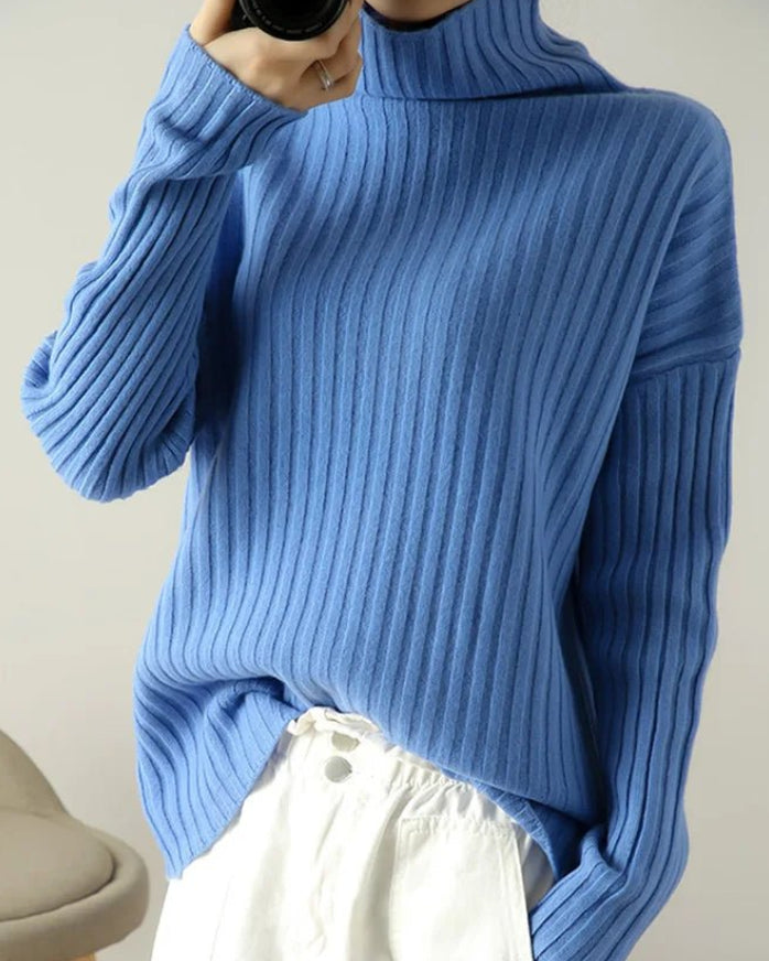 Ribbed Knit Turtleneck Wool Sweater