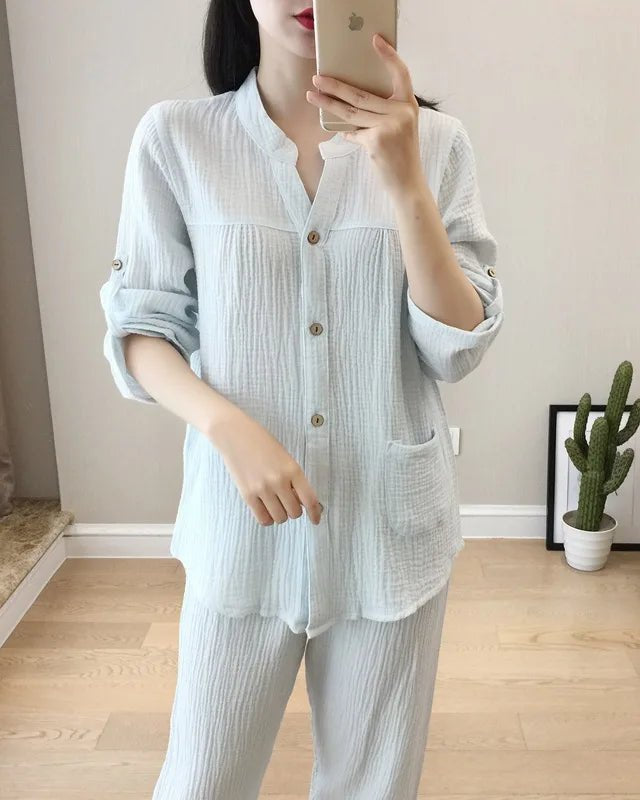 Long Sleeve Shirt & Trouser Cotton Pajamas Suit