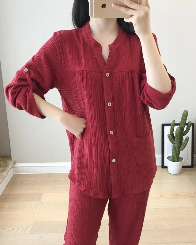 Long Sleeve Shirt & Trouser Cotton Pajamas Suit
