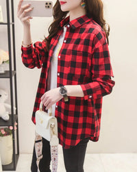 Plaid lapel single-breasted pocket loose shirt. Non-stretch, relaxed, and fresh — a casual college-style all-season blouse for women.