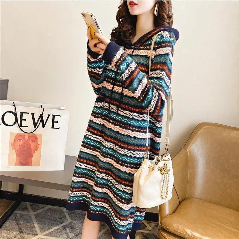 Oversized Striped Knitted Hooded Dress