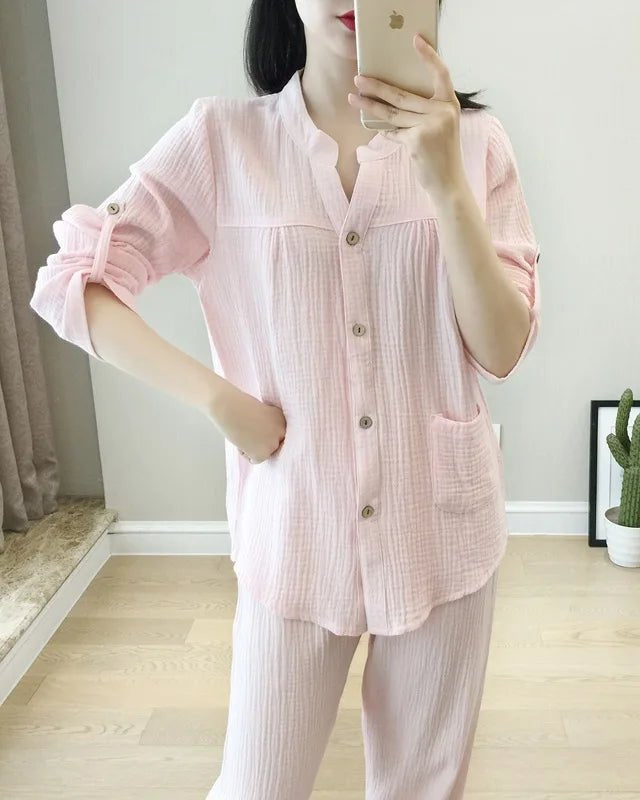 Long Sleeve Shirt & Trouser Cotton Pajamas Suit