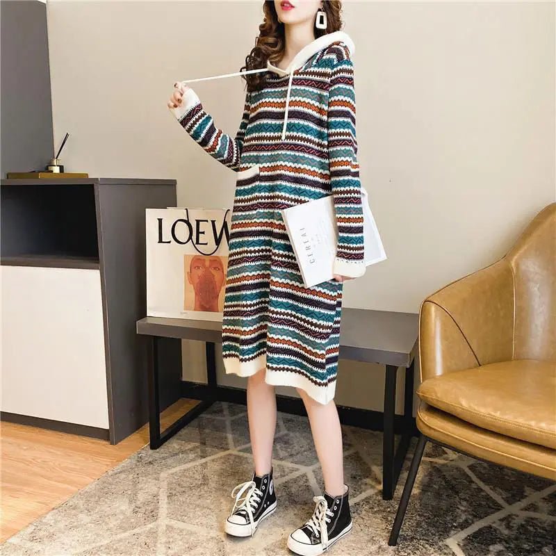 Oversized Striped Knitted Hooded Dress