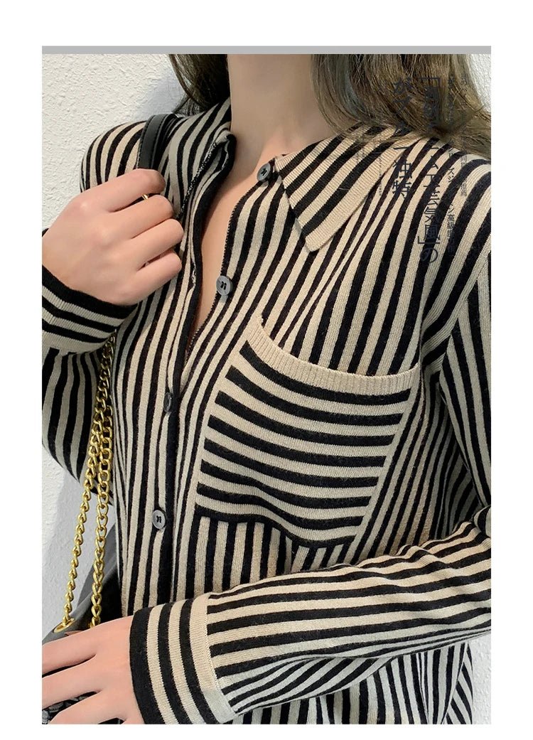 Striped Turn-down Collar Wool Knitted Shirt