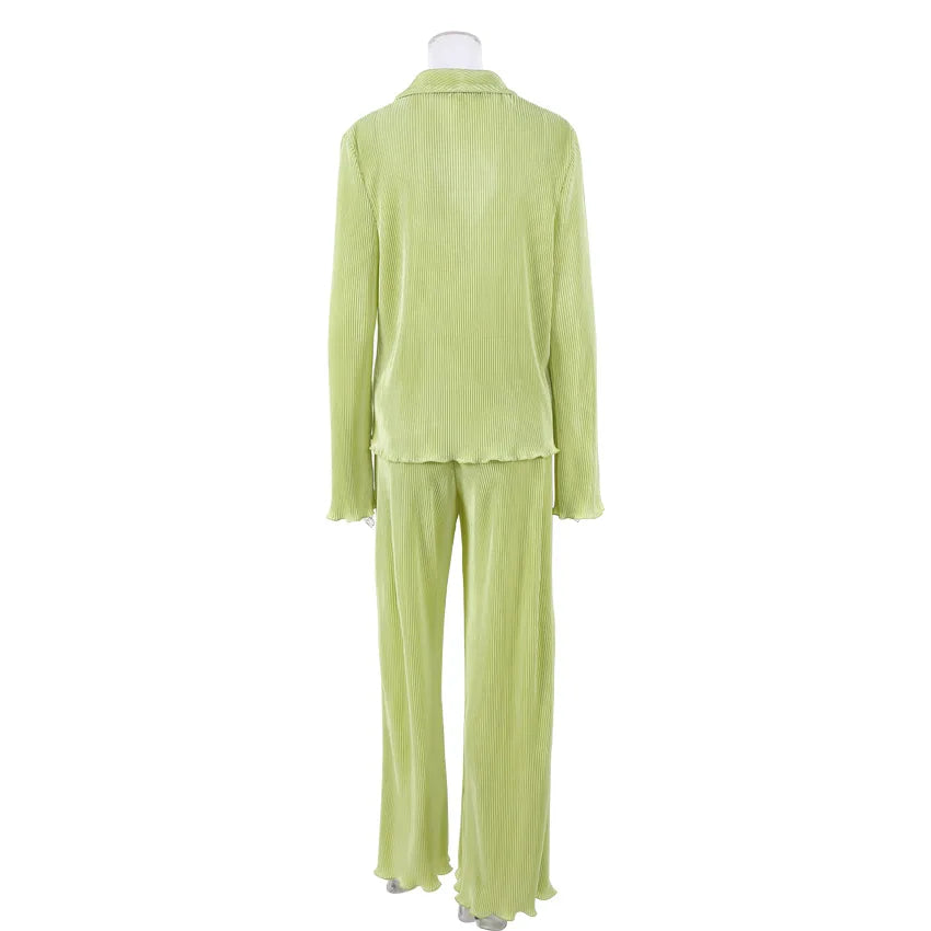 Pleated Long Sleeve Shirt And Pants Set
