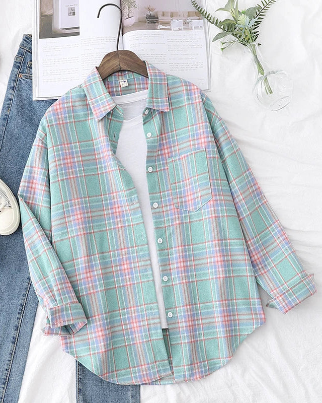 Plaid Lapel Single-Breasted Loose Shirt