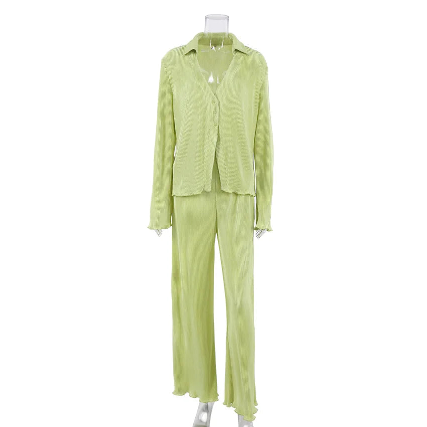 Pleated Long Sleeve Shirt And Pants Set