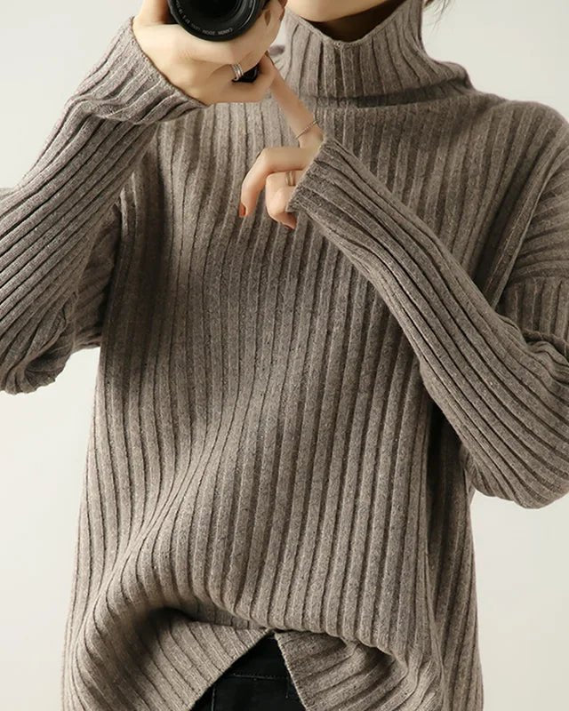 Ribbed Knit Turtleneck Wool Sweater