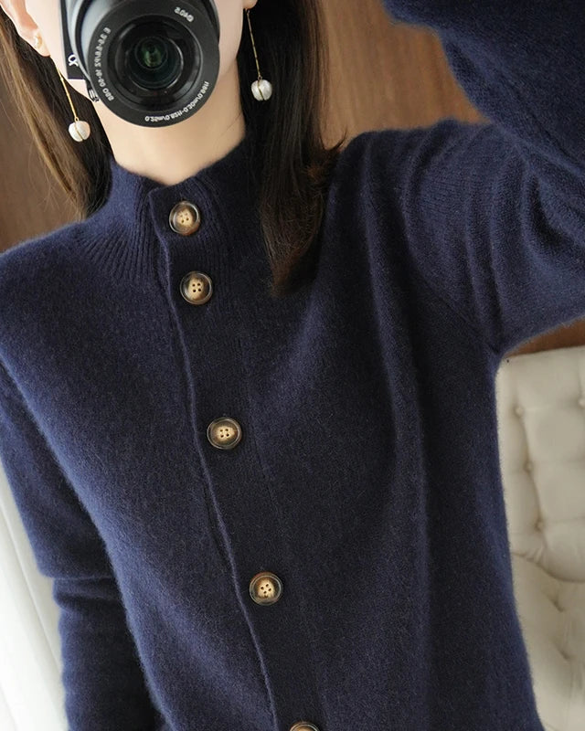 Pure Wool Half-High Collar Solid Slim Knit Cardigan