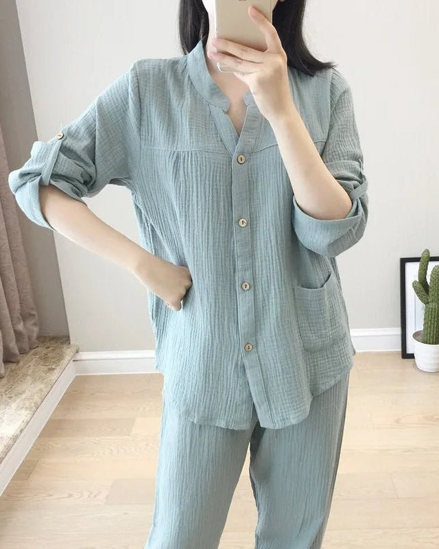 Long Sleeve Shirt & Trouser Cotton Pajamas Suit