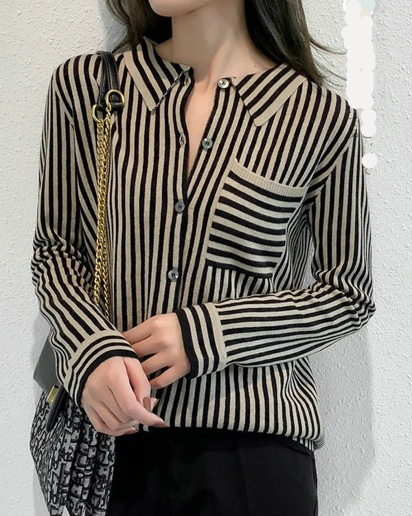Striped Turn-down Collar Wool Knitted Shirt