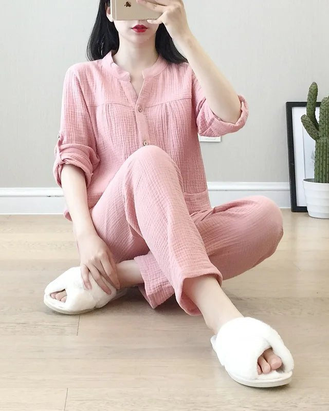 Long Sleeve Shirt & Trouser Cotton Pajamas Suit