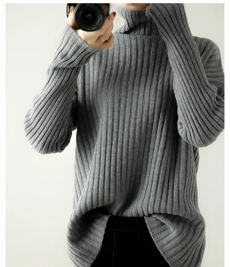 Ribbed Knit Turtleneck Wool Sweater