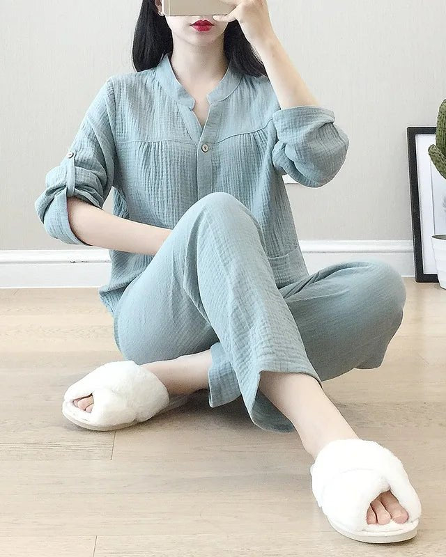 Long Sleeve Shirt & Trouser Cotton Pajamas Suit
