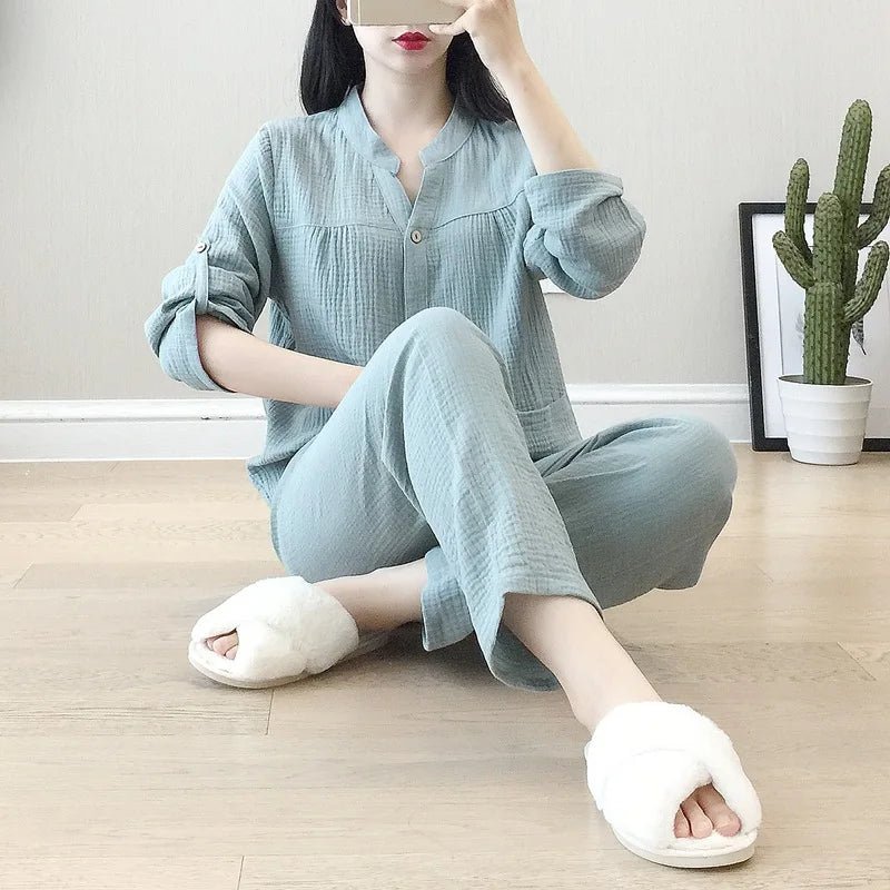 Long Sleeve Shirt & Trouser Cotton Pajamas Suit