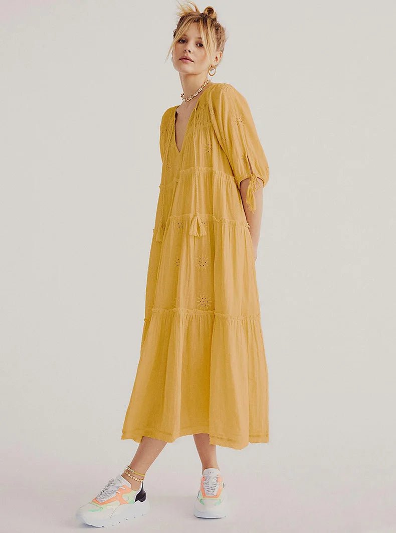 V-Neck Half Sleeve Vintage Boho Loose Cotton Dress