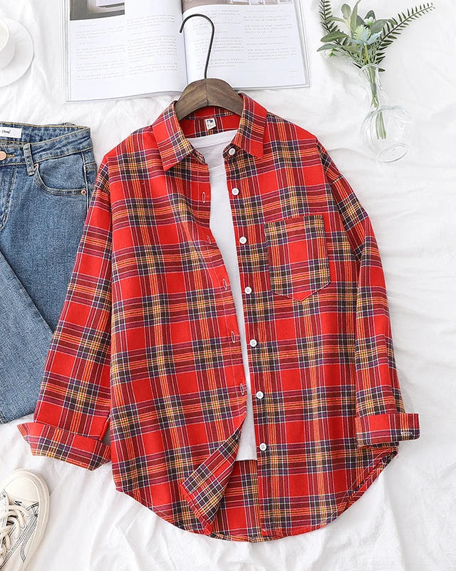 Plaid Lapel Single-Breasted Loose Shirt