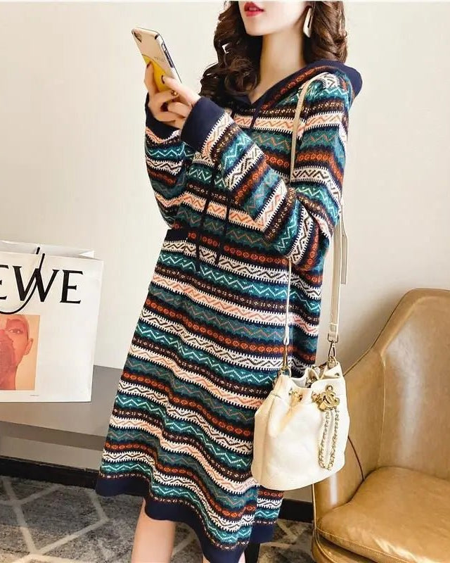Oversized Striped Knitted Hooded Dress