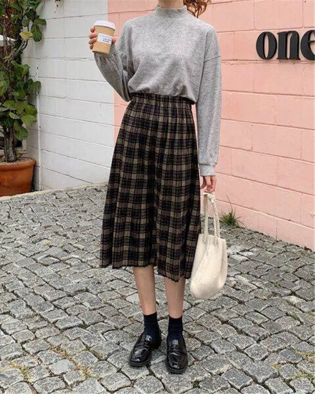 Pleated Plaid Knit Midi Skirt