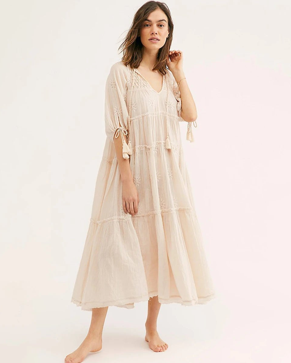 V-Neck Half Sleeve Vintage Boho Loose Cotton Dress
