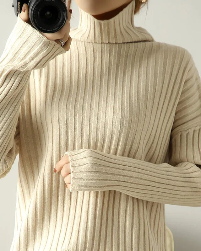 Ribbed Knit Turtleneck Wool Sweater