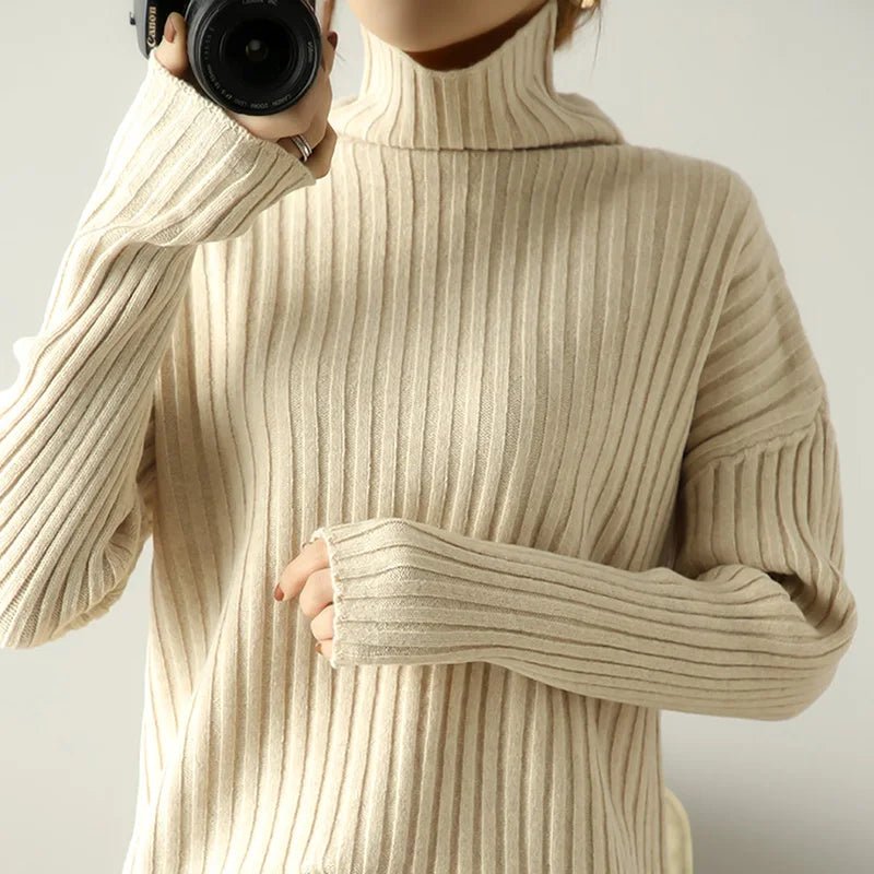 Ribbed Knit Turtleneck Wool Sweater