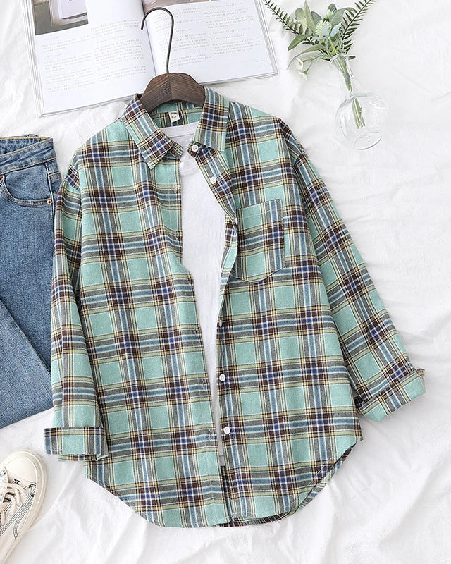 Plaid Lapel Single-Breasted Loose Shirt