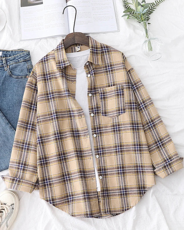 Plaid Lapel Single-Breasted Loose Shirt