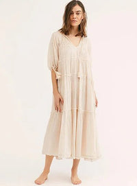 V-Neck Half Sleeve Vintage Boho Loose Cotton Dress