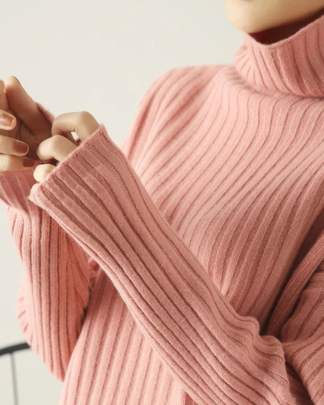 Ribbed Knit Turtleneck Wool Sweater