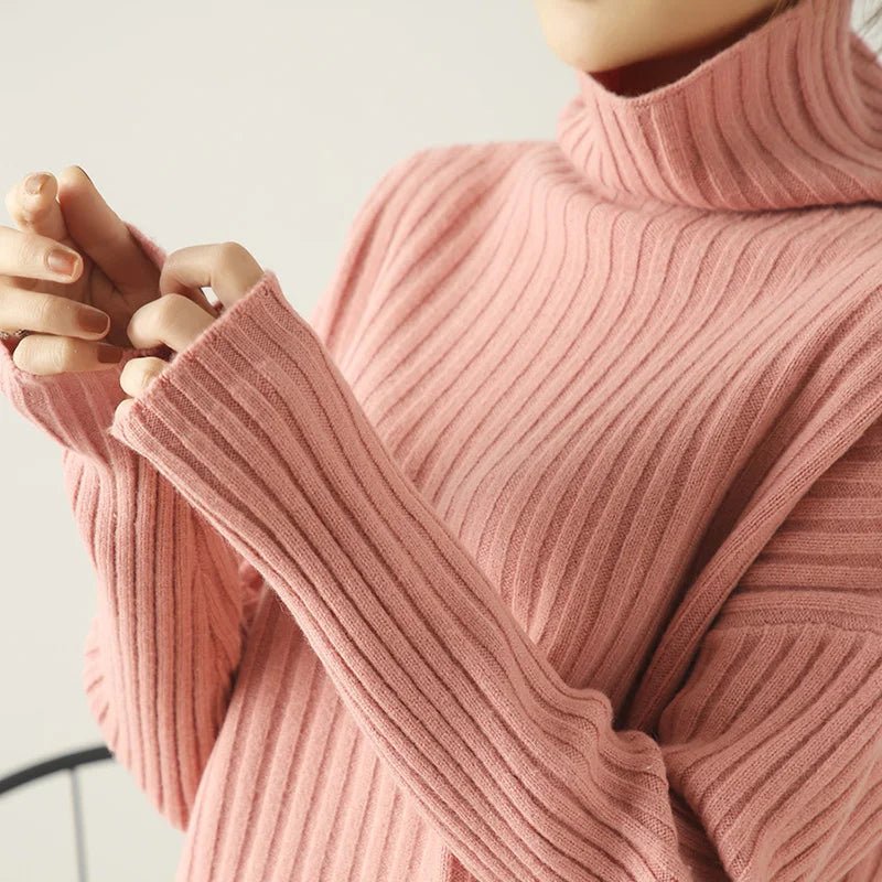 Ribbed Knit Turtleneck Wool Sweater